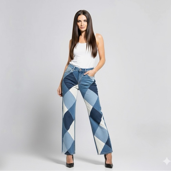 Diamond Patchwork Jesns Wide-Leg Denim – Statement Edition - Picture 3 of 14